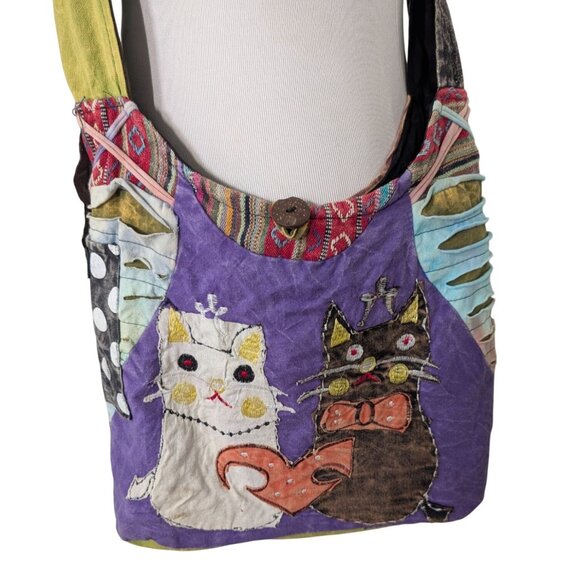 Rising International Cat Hobo Bag Patchwork Cotton Pockets Hippie Crossbody - Picture 1 of 16